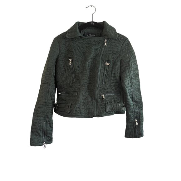 Ashley Outerwear Olive Green Croc-Embossed Quilted Moto Jacket S Lightweight Pol - Picture 1 of 6